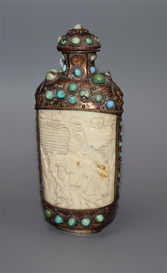 A Chinese gilt metal and ivory snuff bottle H.13cm